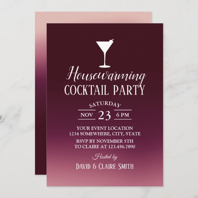 Invitation Fête Cocktail House Modern Burgundy Ombre (Devant / Derrière)