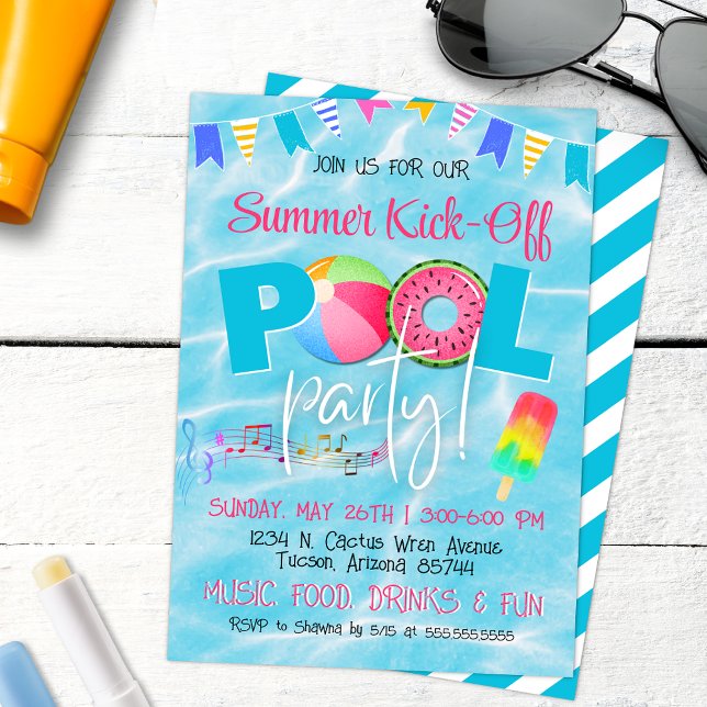 Invitation Fête Colorée de Piscine d'Été Convivial pour la Fa (Summer Pool Party Invitation with Modern script and colorful popsicles for tropical invites)