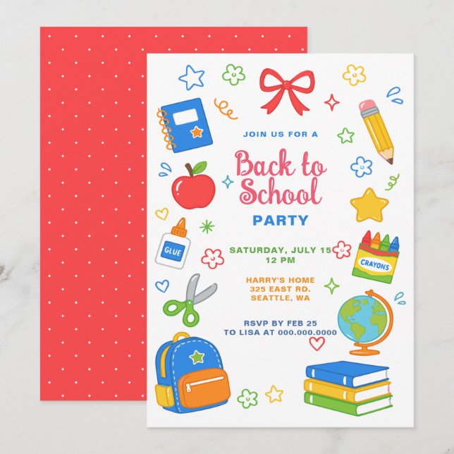 Invitation Fête Colorée de Rentée Scolaire (Devant / Derrière)