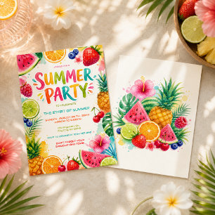 Invitation Fête Colorée d'Été Amusement de Fruits Tropicaux