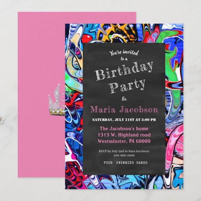 Invitation Fête Colorée sur Tableau Noir  (Devant / Derrière)