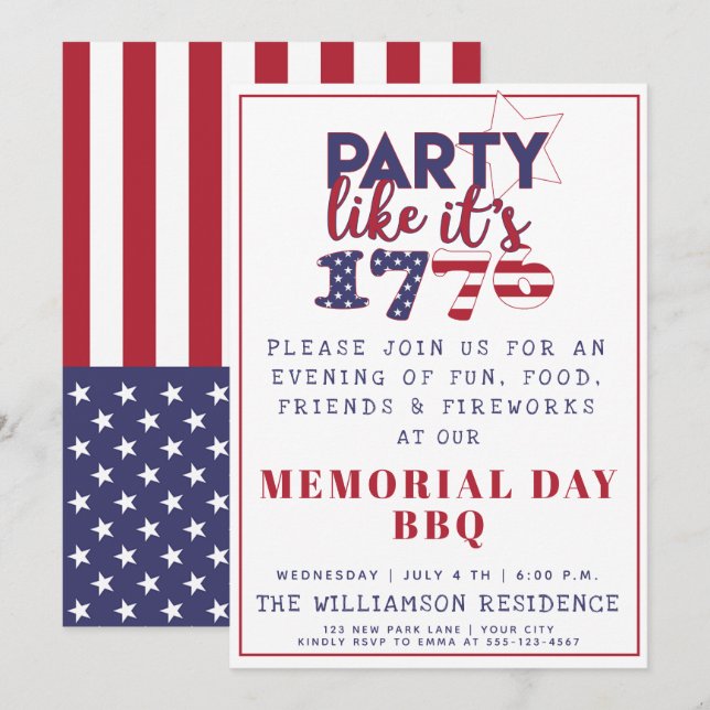 Invitation Fête comme il est 1776 - U.S. Flag Memorial Day BB (Devant / Derrière)