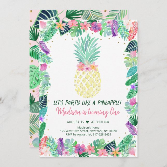 Invitation Fête comme un ananas Tropical Floral Anniversaire (Devant / Derrière)