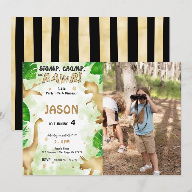 Invitation Fête Comme Un Dinosaure, Photo Anniversaire (Devant / Derrière)