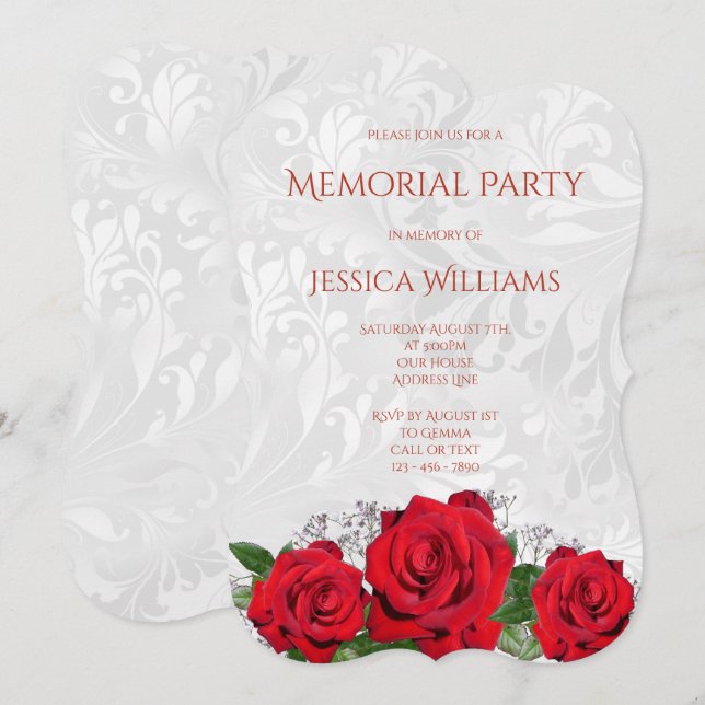 Invitation Fête commémorative aux roses romantiques et damas (Devant / Derrière)