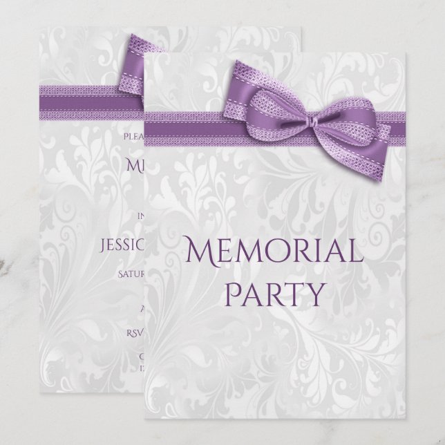 Invitation Fête commémorative Damassé et Nœud Faux Violet (Devant / Derrière)