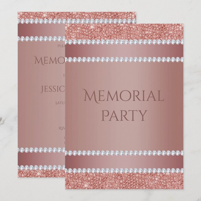 Invitation Fête commémorative Glitzy Rose Gold & Diamond Gem (Devant / Derrière)