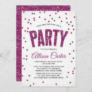 Invitation Fête Confetti de Parties scintillant rose chaud