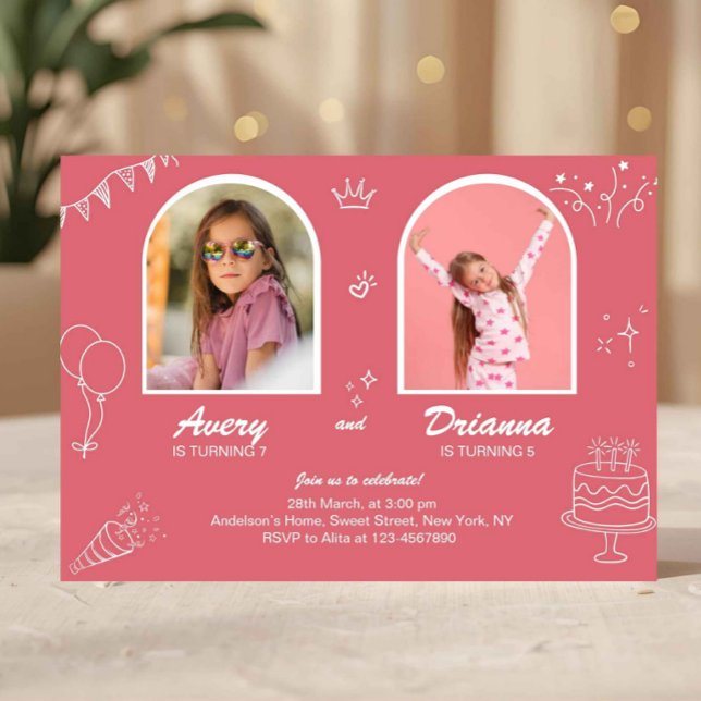 Invitation Fête conjointe d'anniversaire double rose pour fil (joint birthday invitation girls, pink birthday invite girls, sibling birthday invitation, double bir)