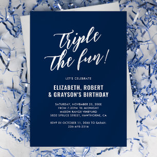 Invitation Fête conjointe d'anniversaire triple bleu marine