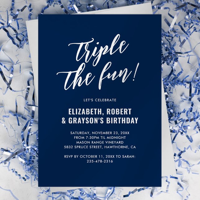 Invitation Fête conjointe d'anniversaire triple bleu marine (Créateur téléchargé)