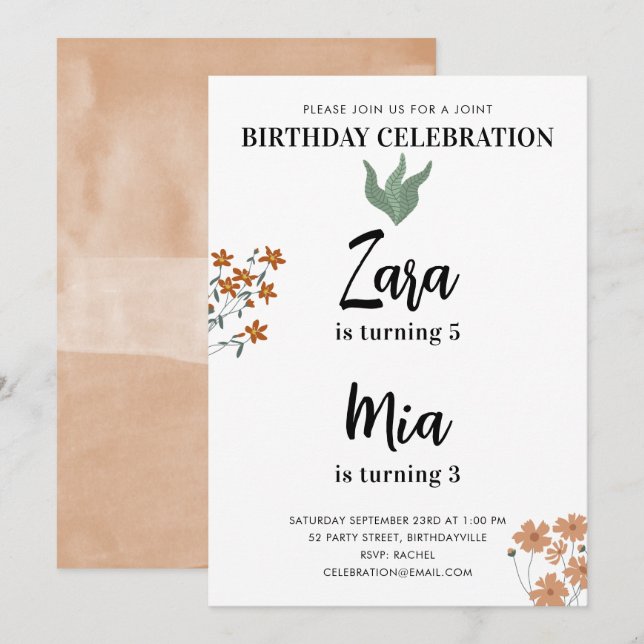 Invitation Fête conjointe double anniversaire aquarelle Boho  (Devant / Derrière)
