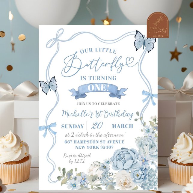 Invitation Fête Coquette Papillon Floral Bleu Poussiéreux Ann (Créateur téléchargé)
