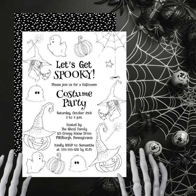 Invitation Fête Costume d'Halloween Éffrayante (Black and white 'Let's Get Spooky!' Halloween Costume Party design.)