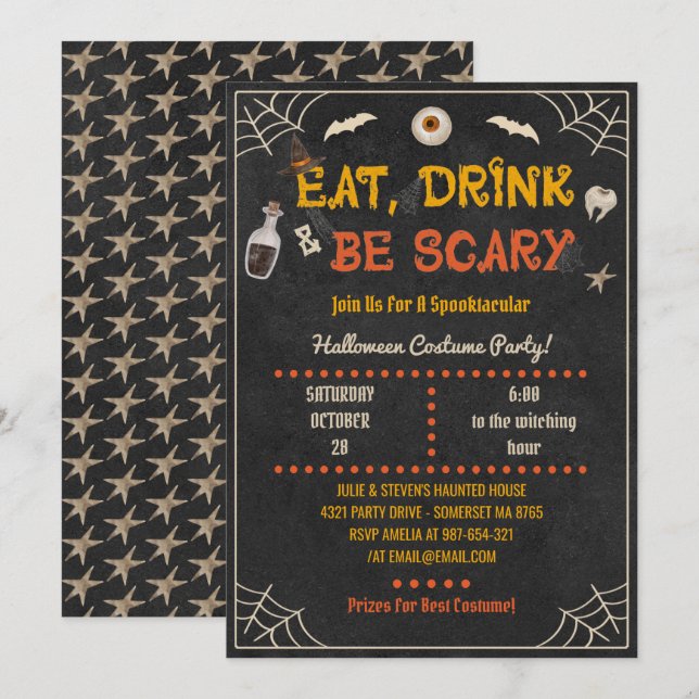 Invitation Fête Costume Halloween, Manger Boire & Etre Effray (Devant / Derrière)