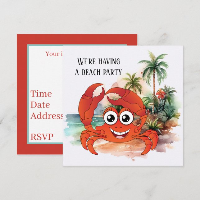 Invitation fête crabe de plage mignon (Devant / Derrière)