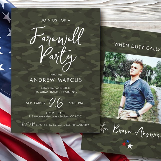 Invitation Fête d'adieu avec photo de camouflage militaire (Modern US Military camo simple soldier photo Army Air Force Marines Navy going away farewell party)