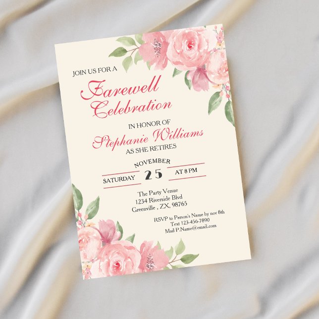 Invitation Fête d'adieu élégante aux fleurs de rose pour femm (Créateur téléchargé)