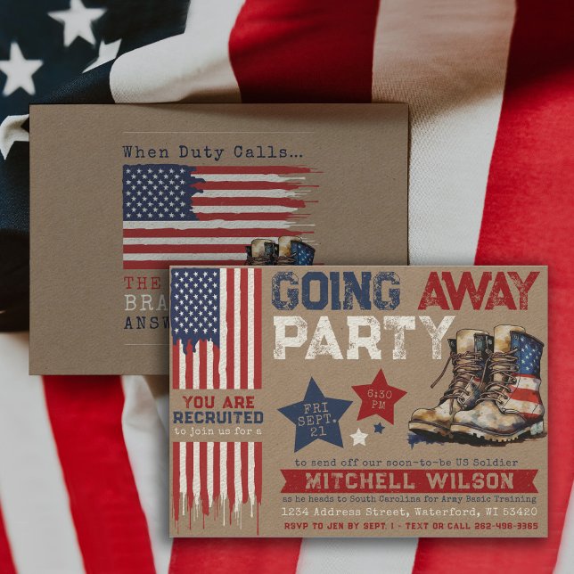 Invitation Fête d'adieu I Fête d'adieu militaire Drapeau amér (Military Soldier Army Going Away Party Invitation, Patriotic Farewell, USA Flag, Rustic, star, boots)