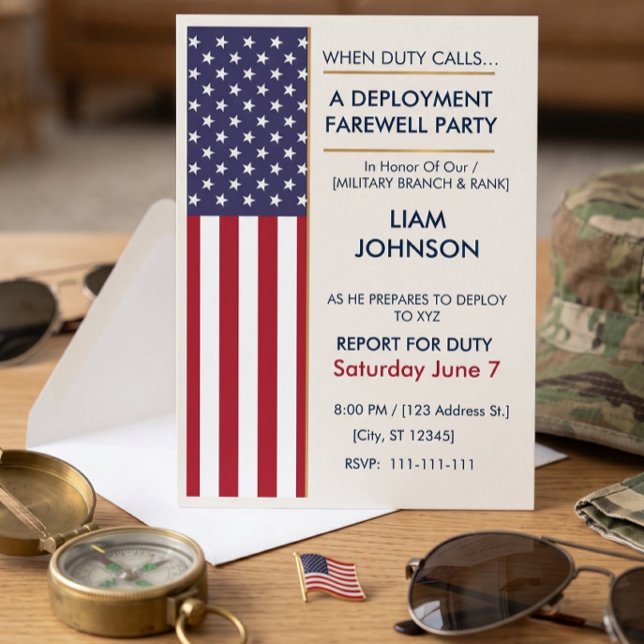 Invitation Fête d'adieu moderne de déploiement de drapeau amé (Modern Military US Flag Deployment Farewell Party Invitation)