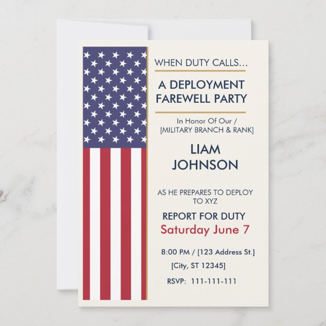 Invitation Fête d'adieu moderne de déploiement de drapeau amé (Devant)
