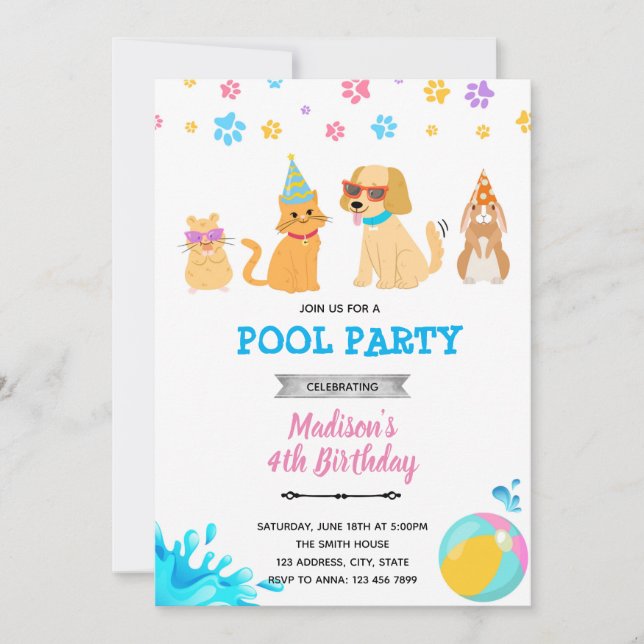 Invitation Fête d'adoption d'animaux au bord de la piscine (Devant)