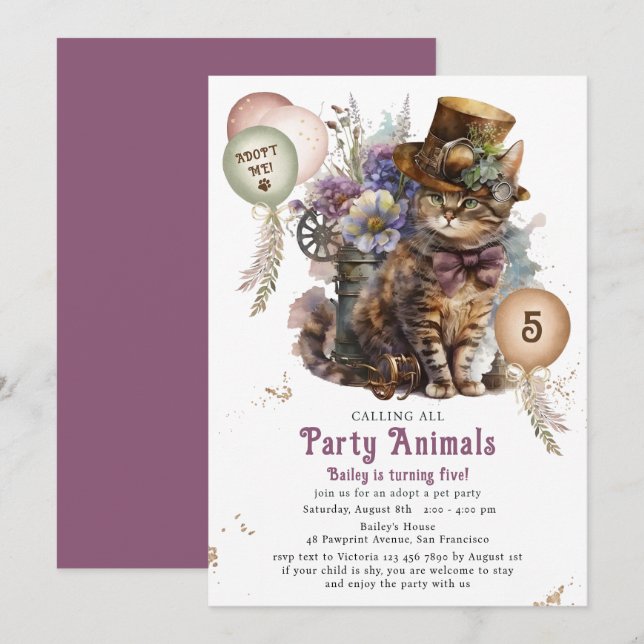 Invitation Fête d'adoption de chaton Steampunk pour 5 ans (Devant / Derrière)