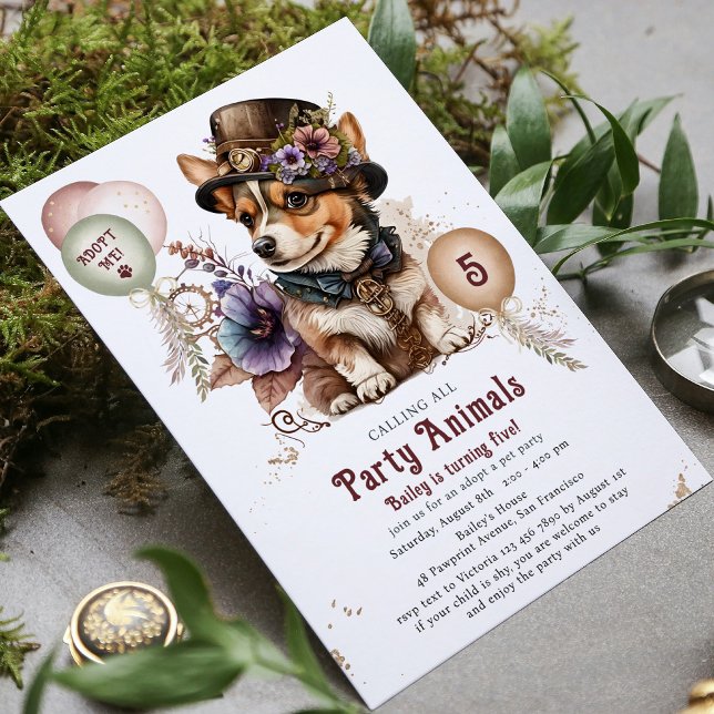Invitation Fête d'adoption de chiot Steampunk pour 5ème anniv (Créateur téléchargé)