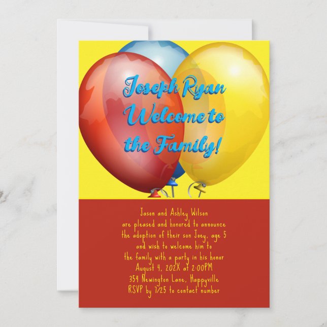 Invitation Fête d'Adoption de Nouveau Fils Ballons (Devant)