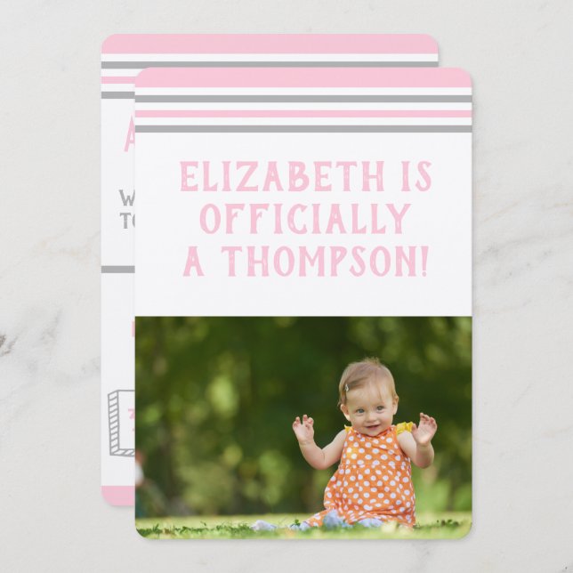 Invitation Fête d'adoption Gris et rose modernes (Devant / Derrière)