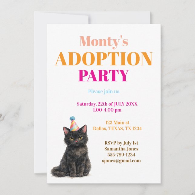 Invitation Fête d'adoption Jour de prise Chat noir Animal de  (Devant)