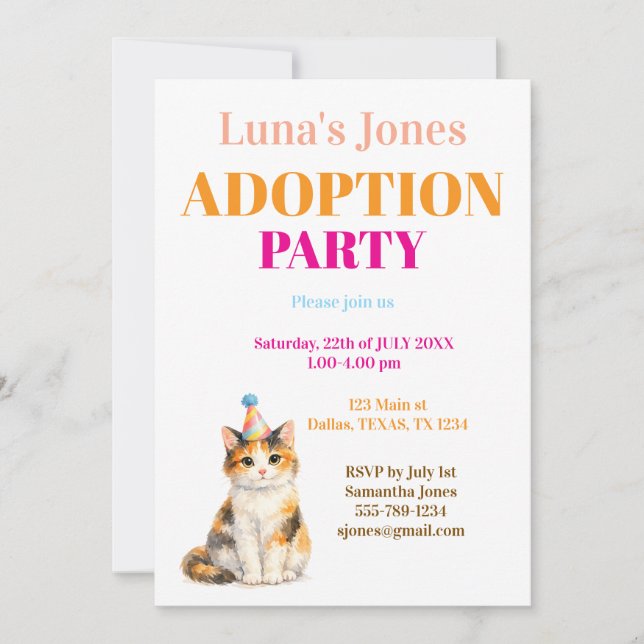 Invitation Fête d'adoption Jour de surprise Chat calico Anima (Devant)