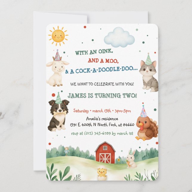 Invitation Fête d'animaux de ferme à l'aquarelle Anniversaire (Devant)