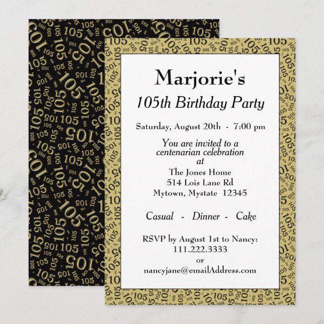 Invitation Fête d'anniversaire 05 Noir/or Modèle de chiffres (Devant / Derrière)