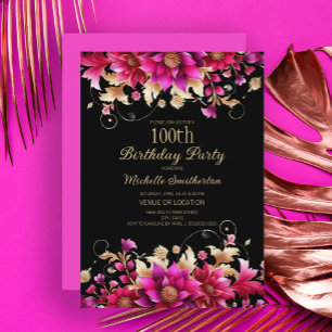 Invitation Fête d'anniversaire 100 ans Black Pink Gold Floral