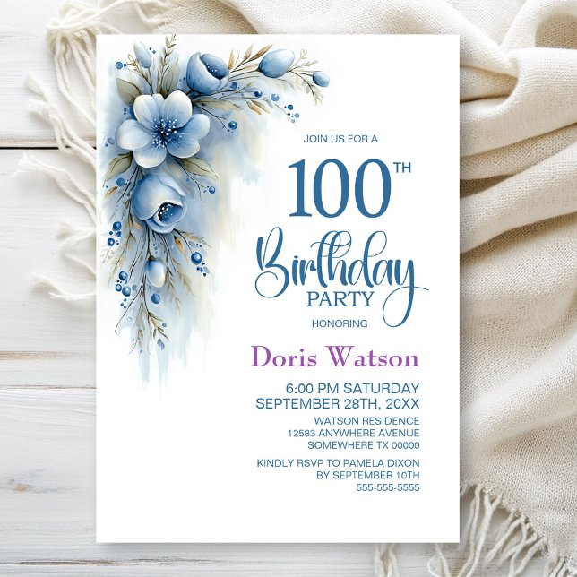 Invitation Fête d'anniversaire 100 ans Blue Floral (Créateur téléchargé)