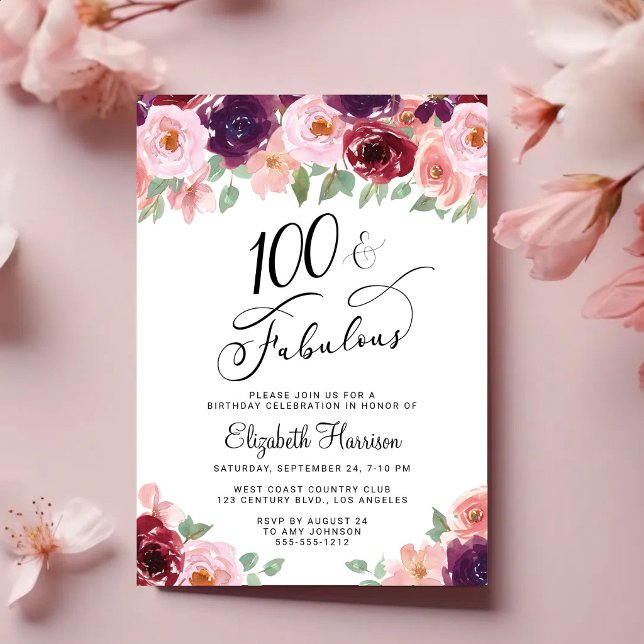 Invitation Fête d'anniversaire 100 ans Élégante Florale (100 & Fabulous: Toast to a Life Well Celebrated!)
