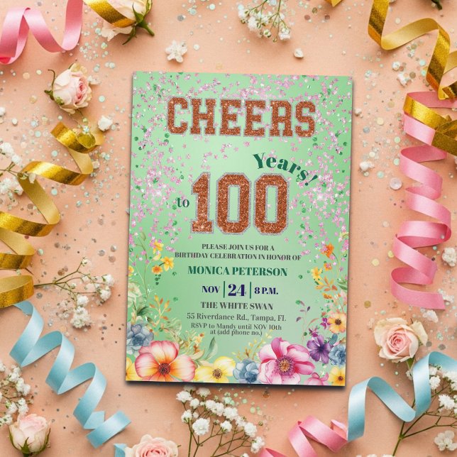 Invitation Fête d'anniversaire 100 ans Fleur Glitter Émeraude (Créateur téléchargé)