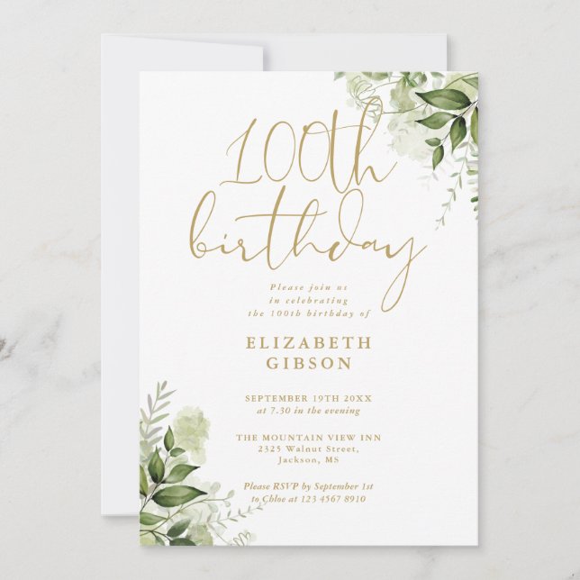 Invitation Fête d'anniversaire 100 ans Floral Greenery (Devant)