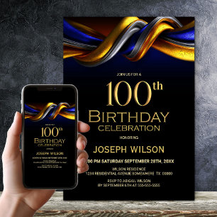 Invitation Fête d'anniversaire 100 ans moderne bleu et or