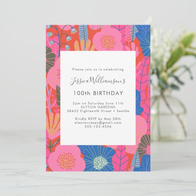 Invitation Fête d'anniversaire 100 ans Moderne Bohème Fleur R (Debout devant)