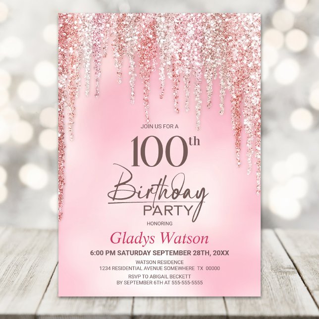 Invitation Fête d'anniversaire 100 ans Paillettes Roses (Créateur téléchargé)