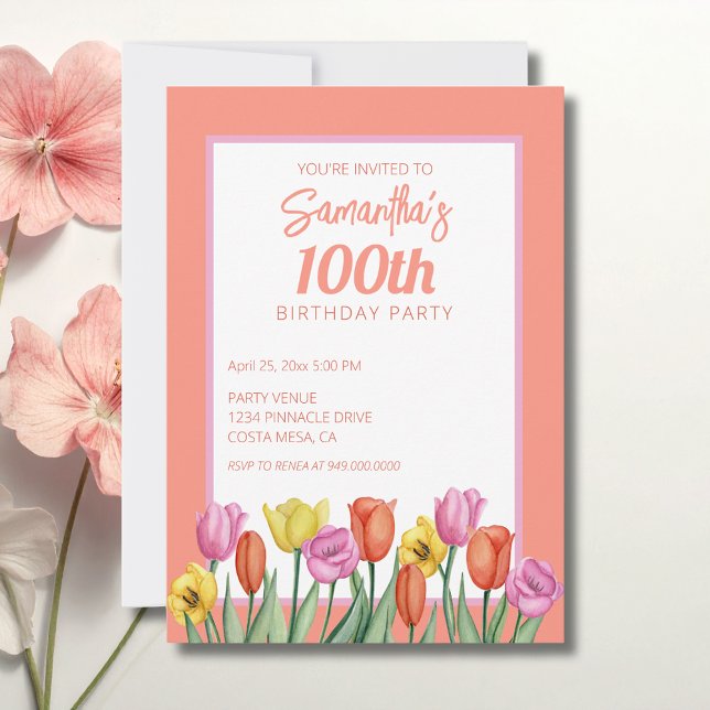 Invitation Fête d'anniversaire 100 ans thème floral (Créateur téléchargé)