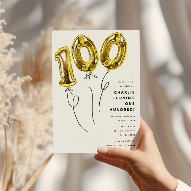 Invitation Fête d'anniversaire 100 ballons Gold Minimal 100 (Créateur téléchargé)