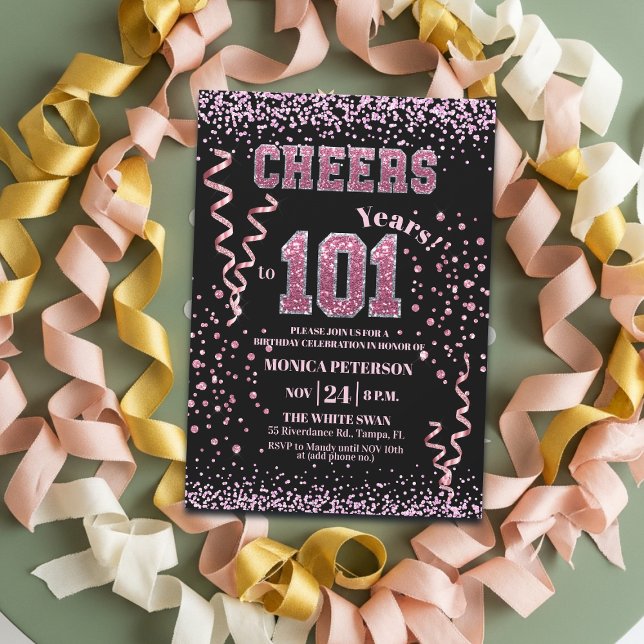 Invitation Fête d'anniversaire 101 ans Strass Rose Pailleté (Créateur téléchargé)