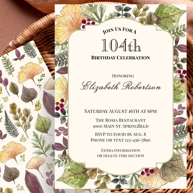 Invitation Fête d'anniversaire 104 ans aux feuilles d'automne (Créateur téléchargé)