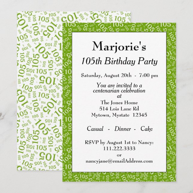 Invitation Fête d'anniversaire 105 ans motif de nombres Vert/ (Devant / Derrière)