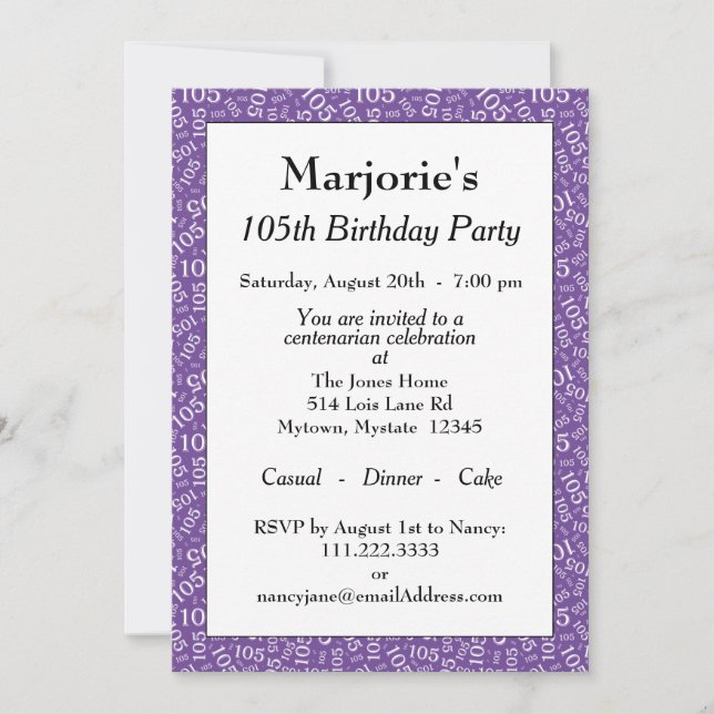 Invitation Fête d'anniversaire 105 ans Motif de nombres viole (Devant)