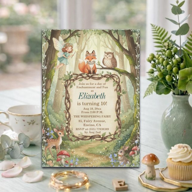 Invitation Fête d'anniversaire 10 ans Fée Animaux de la Forêt (Créateur téléchargé)