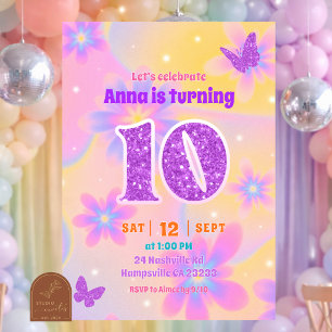 Invitation Fête d'anniversaire 10 ans fille tie dye pailleté